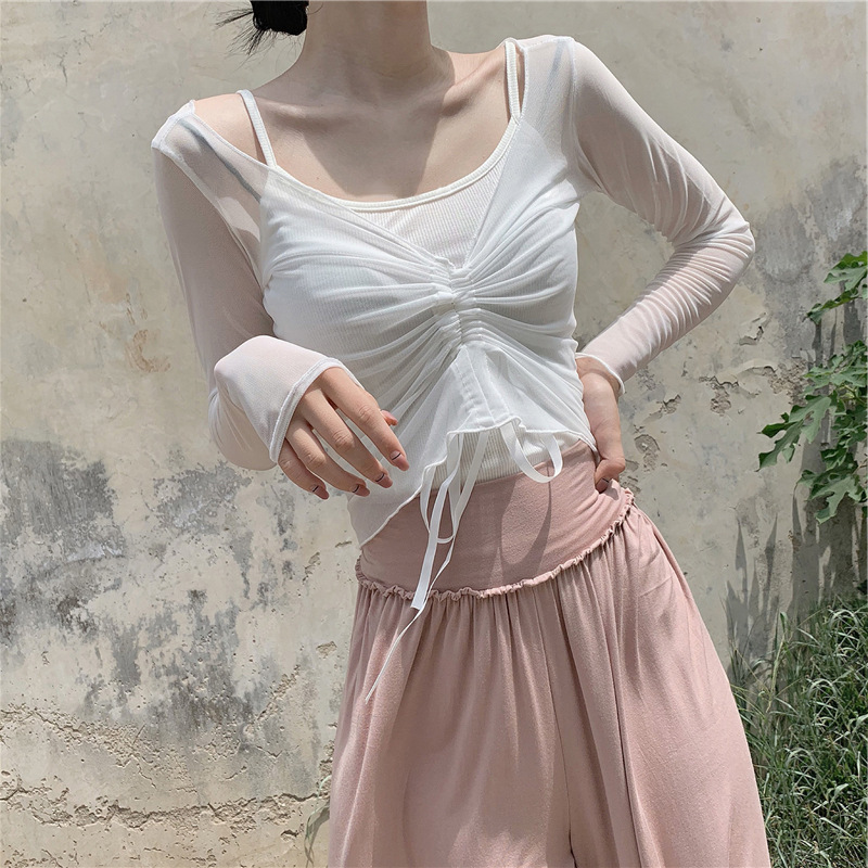 舞蹈练功服套装女网纱抽绳罩衫纱衣外搭芭蕾短款上衣古典舞练功服