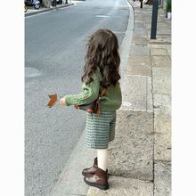 韩版女童2025秋冬新款绿色翻领针织衫毛衣女宝宝千鸟格中裤套装潮