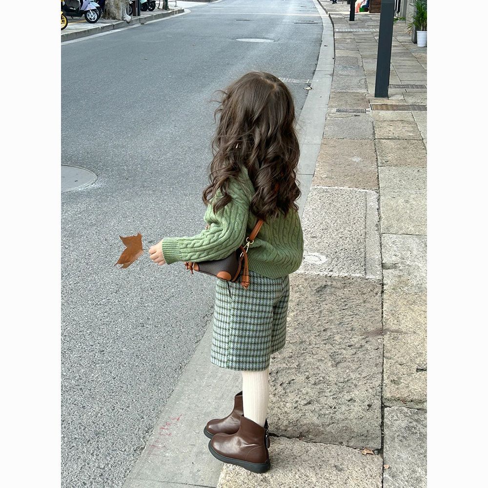 韩版女童2025秋冬新款绿色翻领针织衫毛衣女宝宝千鸟格中裤套装潮