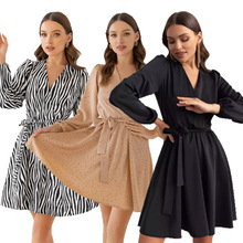 亚马逊独立站跨境欧美外贸V领女装潮流时尚新甜美系带长袖连衣裙