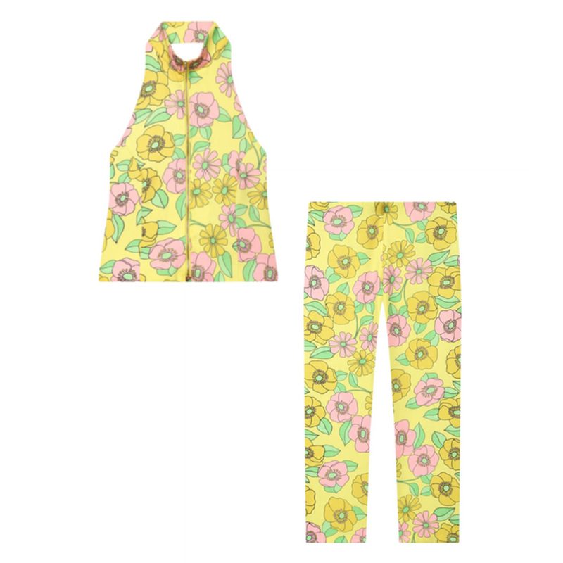 Cross-Border Women's Fashion Summer American-Style Sweet Floral Backless Halter Top + Low-Waist Capri Pants Set