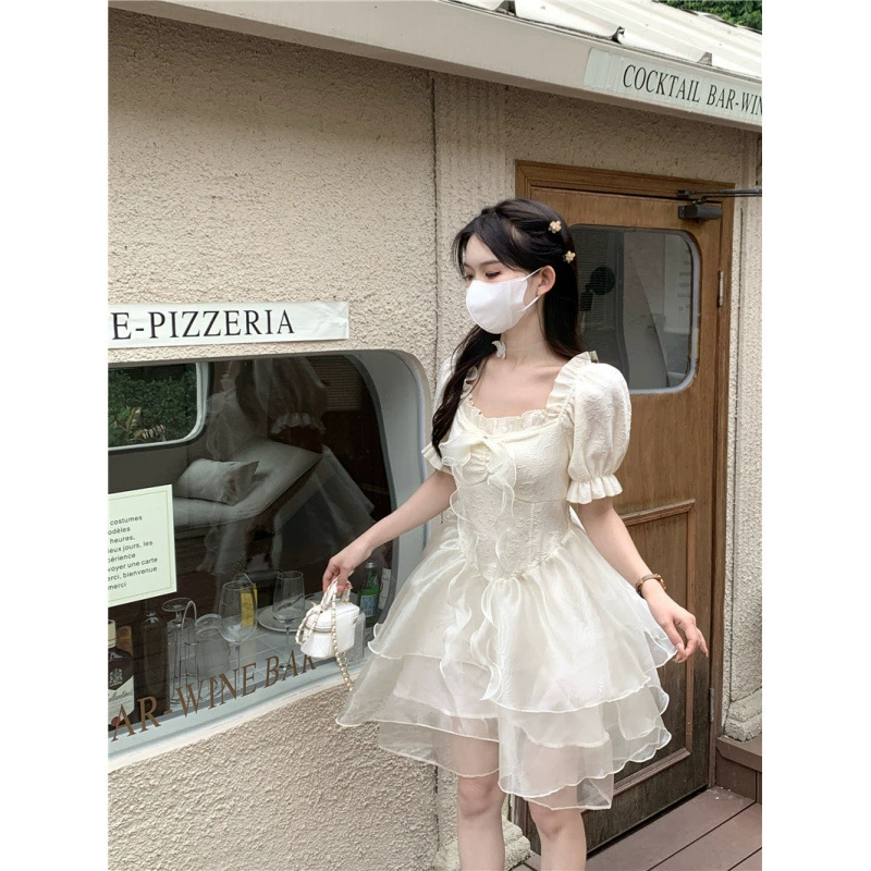 Французская юбка-пачка с пышными рукавами для женщин, весна 2024, новое платье принцессы для похудения с миниатюрной талией