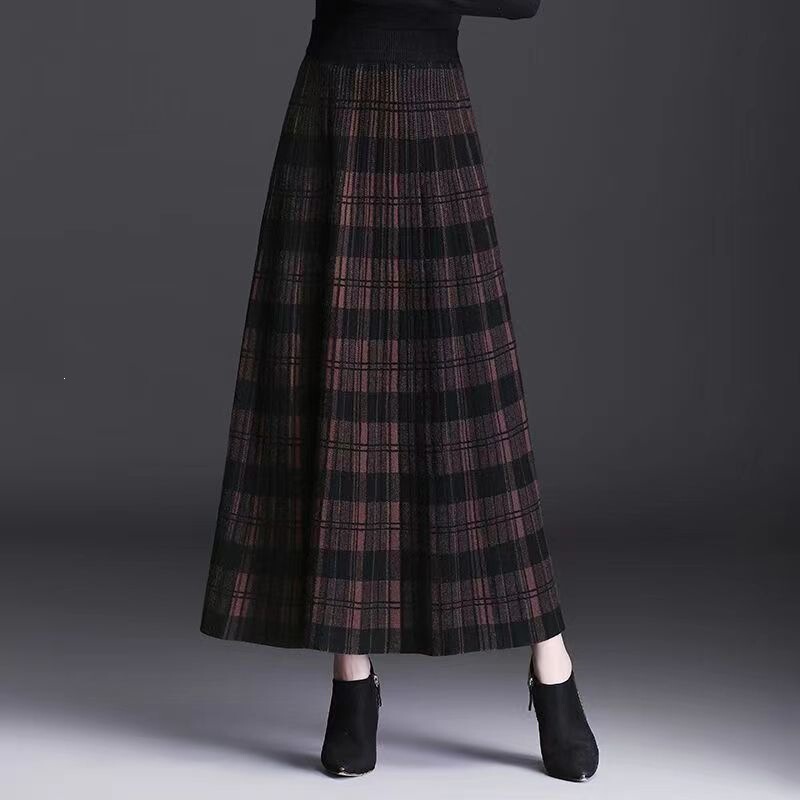 Wholesale Plaid Knit Flared Skirt, Mid-Length High-Waisted A-Line Skirt, Thickened Pleated Skirt with a Draping Effect Wholesale Plaid Knit Flared Skirt, Mid-Length High-Waisted A-Line Skirt, Thickened Pleated Skirt with a Draping Effect