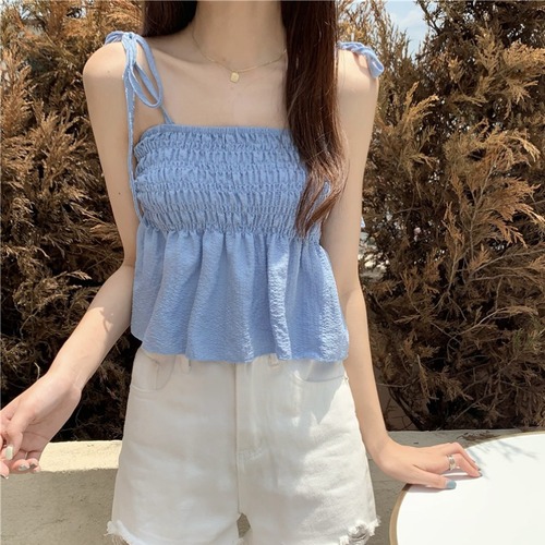 French sweet seaside camisole women's inner wear for summer, slim short blue tube top for summer