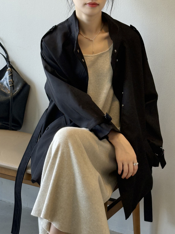 言双 英伦风立领风衣外套女 秋季宽松休闲绑带收腰外套短款82585|undefined