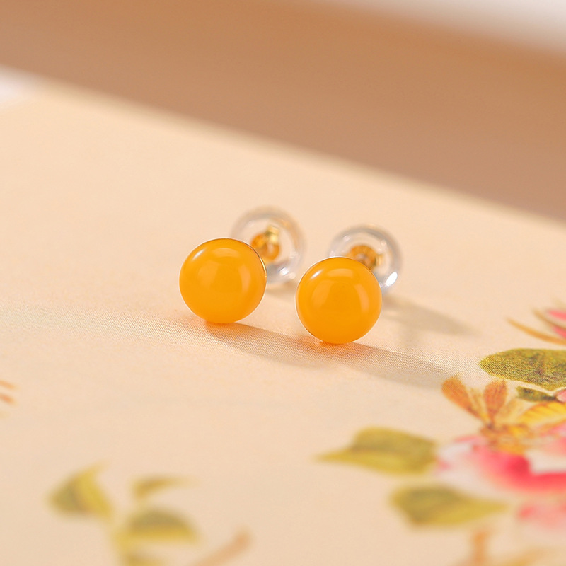 Bông tai bạc S925 mạ vàng đính ngọc bích Hetian jasper hạt tròn đơn giản — Mô hình sáp ong