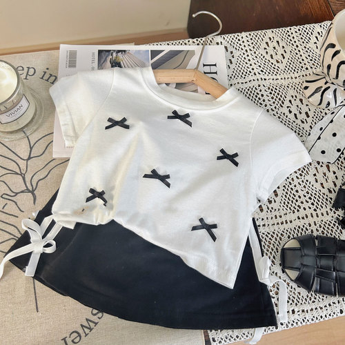 Korean children's clothing 2024 new summer girl butterfly knot short-sleeve T-shirt anti-nip slip pants set two-piece fashion