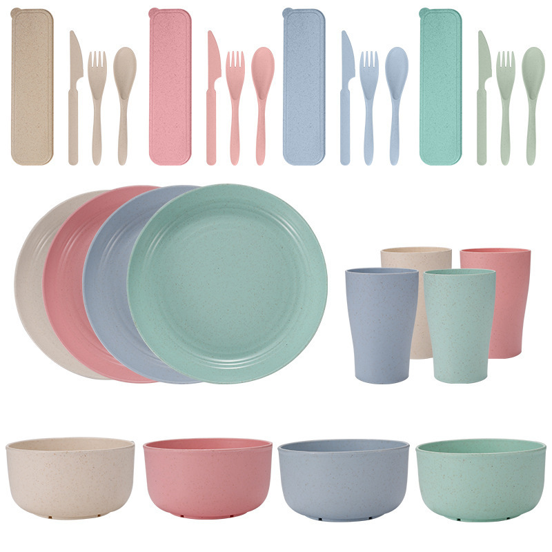 Cross-Border Wheat Straw Tableware, Dishes, Cups, Outdoor Plates, Bowls, Cups, Cutlery, Forks, Spoons and Chopsticks, Tableware for 4 People, Gift Set