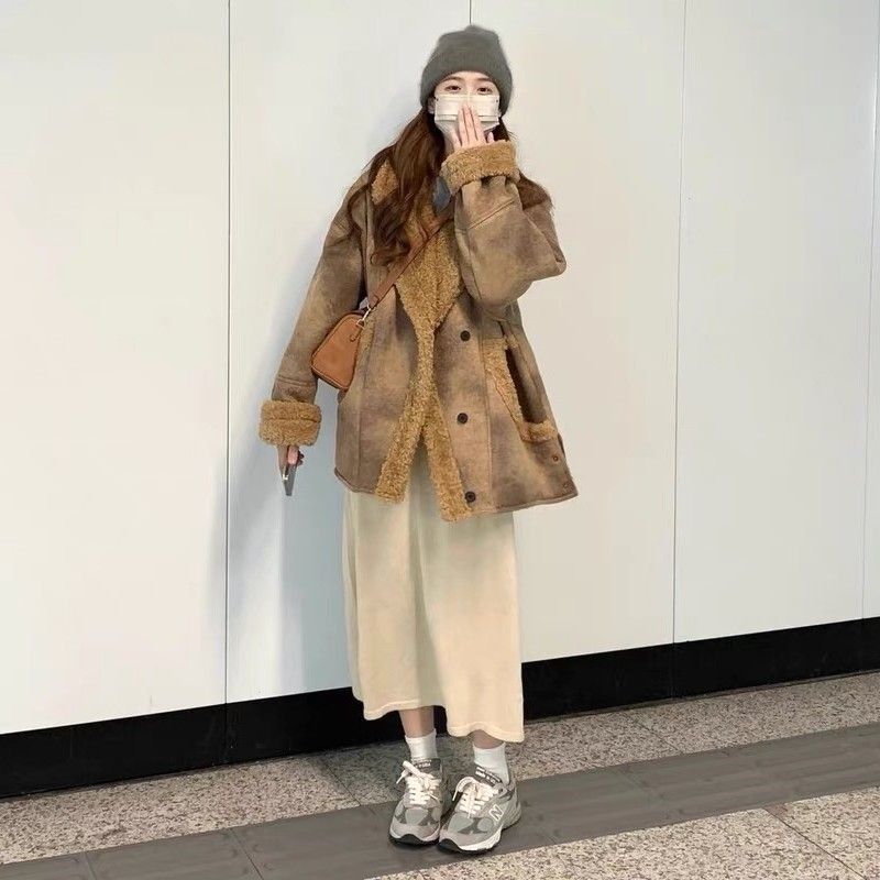 모피 원 람스울 코트 여성의 겨울 새로운 두꺼운 느슨한 게으른 친환경 모피 모피 코트