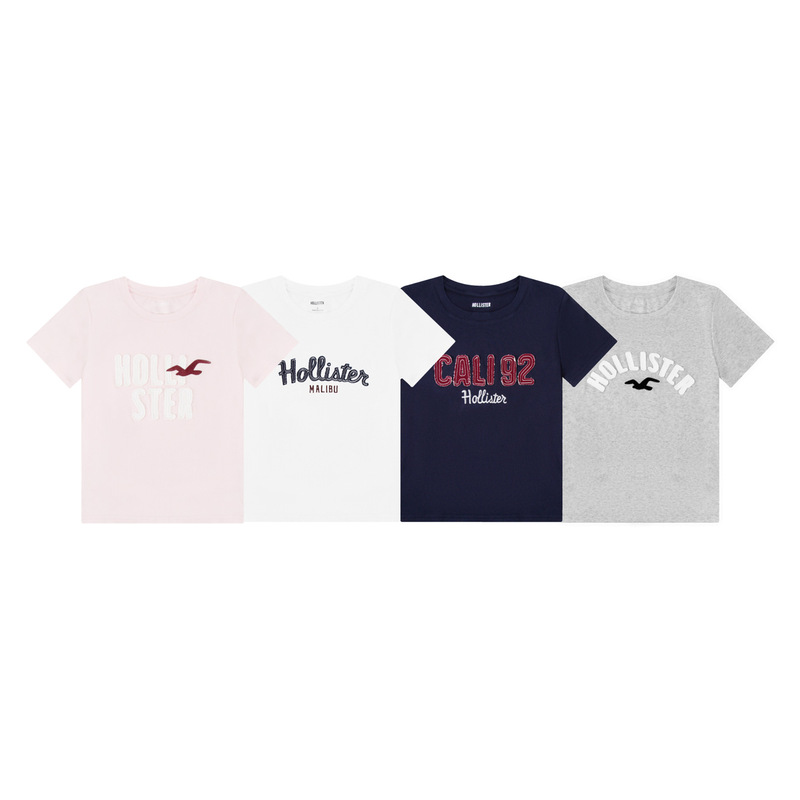 In-Stock Korean Holliste* Little Seagull Classic Patch Embroidery Letter Embroidery Slim-Fit Short-Sleeve T-Shirt Korean Style Top