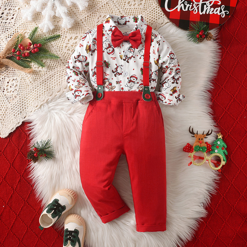 2025新款聖誕節背带裤两件套儿童服装男孩宝宝圣诞节礼服男童套装