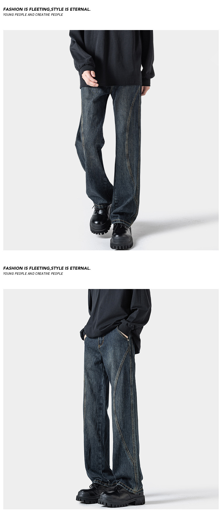 American Retro Patchwork Jeans For Men Loose Wide Leg Casual Trousers_voghion.com