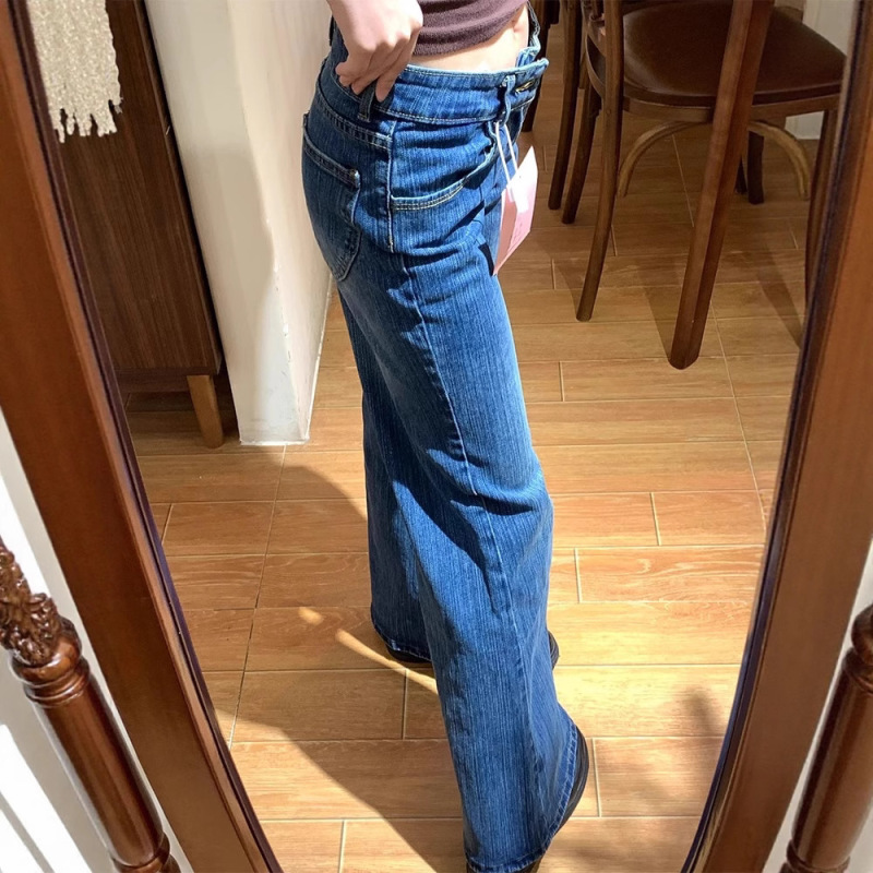深蓝色竹节纹复古微喇牛仔裤女2025年高个子不贴腿低腰宽松喇叭裤|undefined