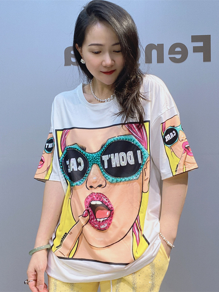 Camiseta de Mujer con Cuentas y Estampado de Algodón y Spandex Corte Holgado para Verano