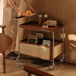 Solid Wood Mobile Side Table with Wheels, Stainless Steel Storage, Second-Hand Trolley, Living Room Storage, Rattan Storage, Simple Coffee Table
