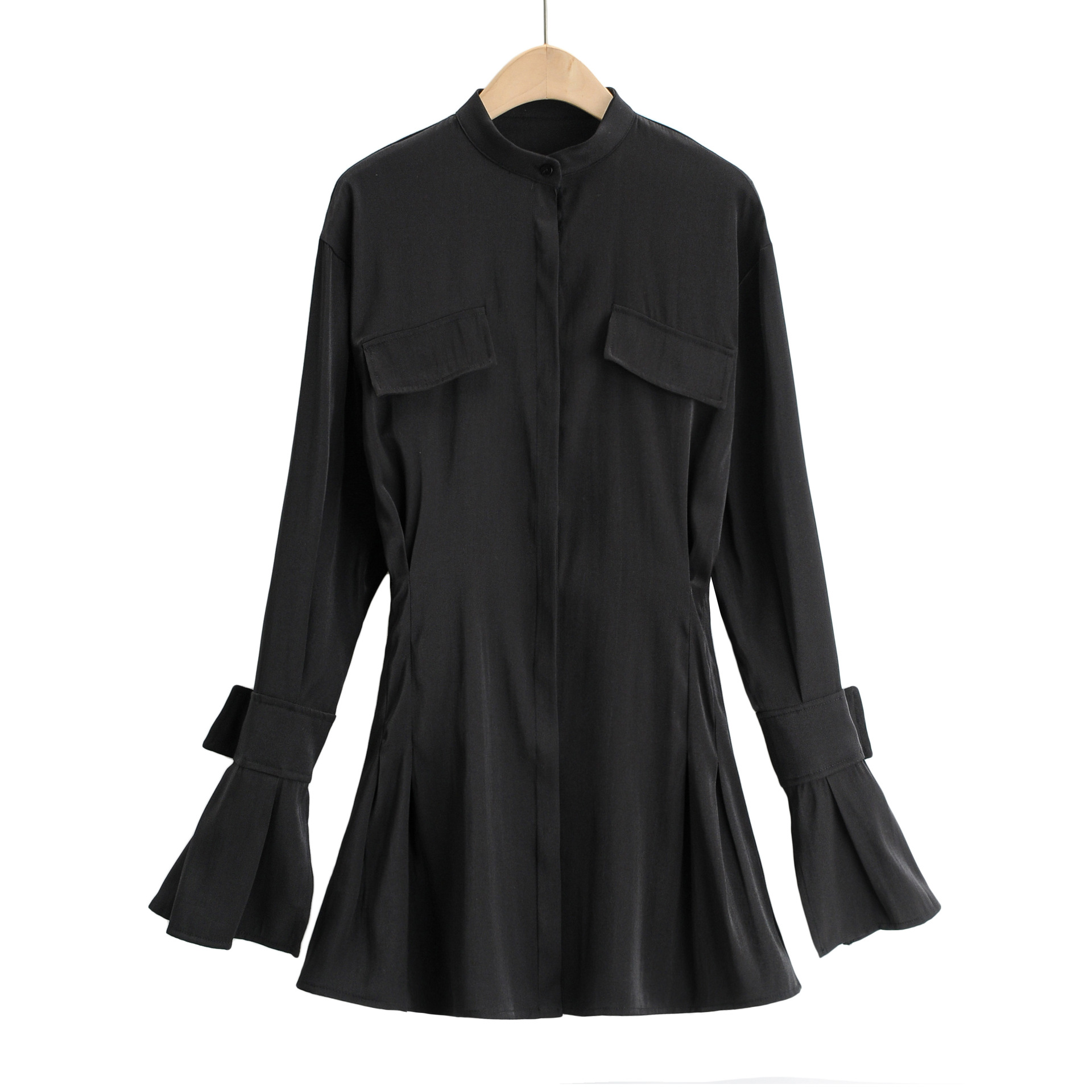 stand-up collar satin waist shirt dress  NSHS25183