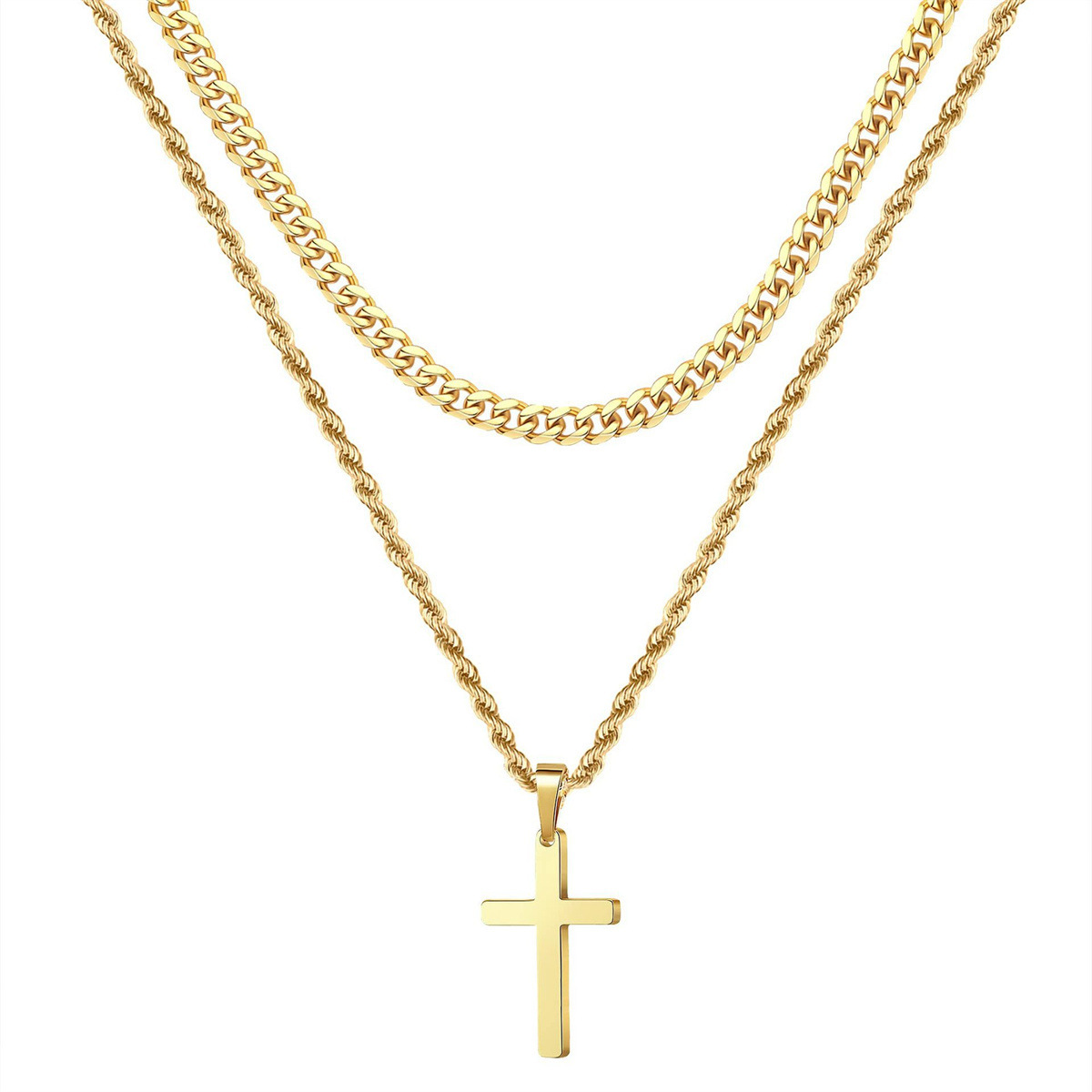 European and American Cross-Border Hot-Selling Golden Cross Stainless Steel Hip-Hop Men's Necklace Personalized Versatile Double-Layer Stacked Chain