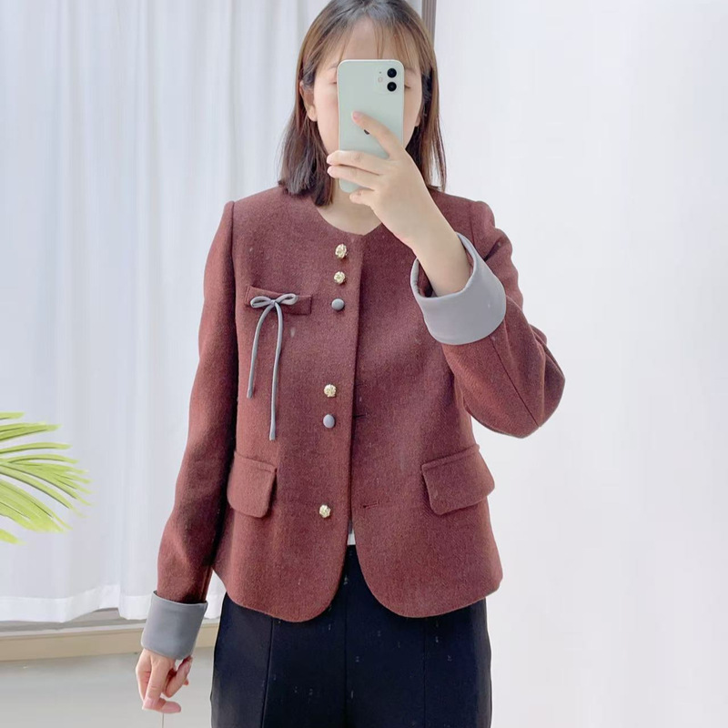 汉派品牌专柜2025早秋新款优雅圆领蝴蝶结装饰厚小香风外套女035|undefined