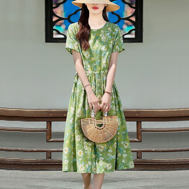 Cotton and Linen Dress Green Fresh Floral Artistic Casual Skirt Summer Flesh-Covering Lace-Up Slimming Loose Mid-Length Skirt
