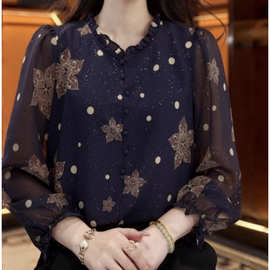 木耳边上衣女2026早春新款薄款长袖衬衣遮肉妈妈装气质小衫