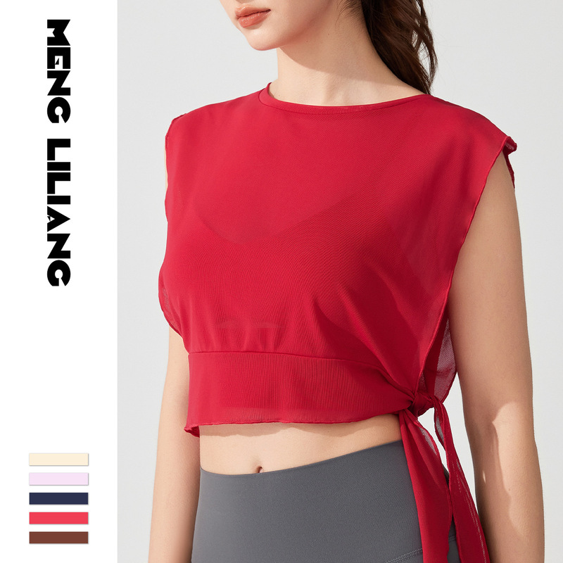 Cross-Border Sports Vest Women's Summer Gym Loose Mesh Sleeveless Pilates Top Navel-Baring Yoga Dance Blouse