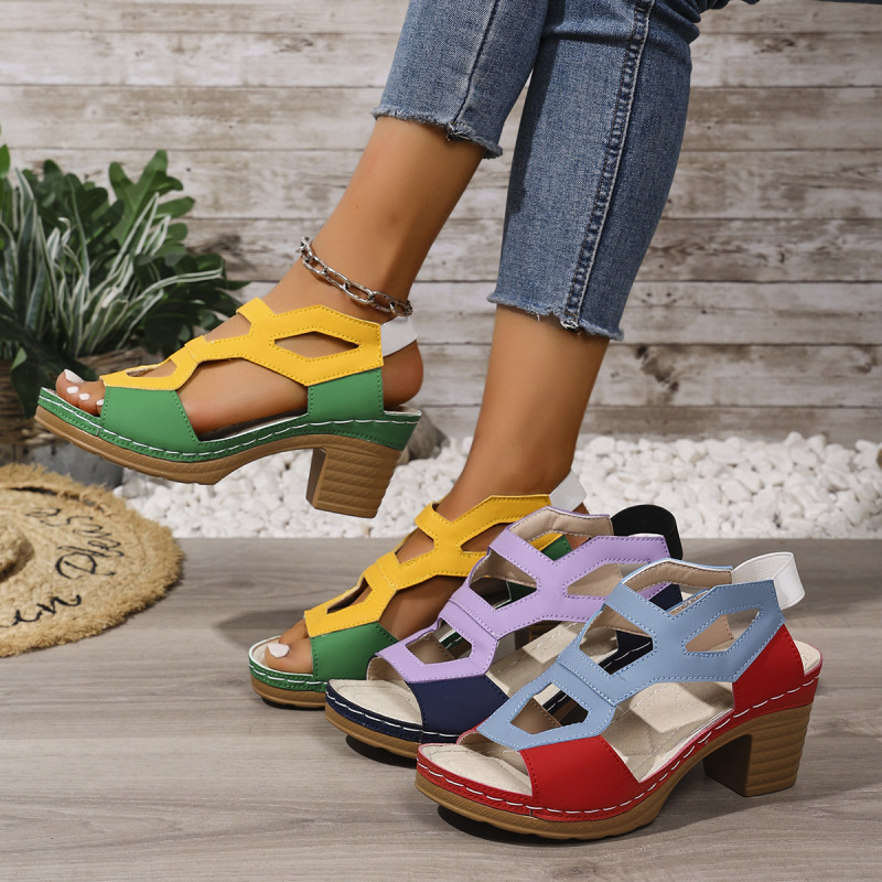 2025 New Cross-Border Export Large Size High-Heeled Sandals, Fashionable and Comfortable Outer Wear, Versatile Square Geometric Color Matching Sandals