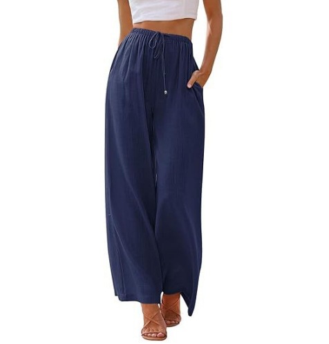 Relaxed Fit Wide Leg Pants for Women Linen Blend Drawstring Waist Pockets plus Size Available_ecoleips.com