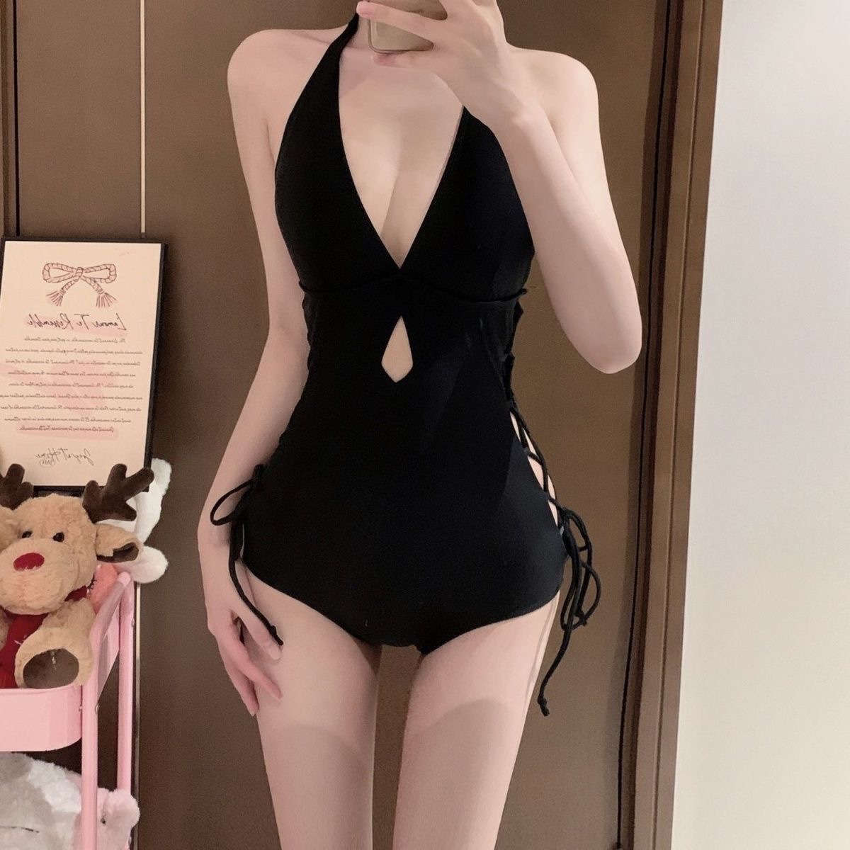 Swimwear Women's 2025 New Fashion Conjoined Conservative Slim Small Chest Push-up Black Sexy Swimsuit