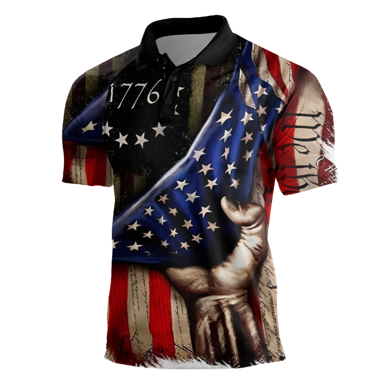 Cross-border Europa y América 2023 nuevos hombres casuales de manga corta Henry Independence Day Elements Camisa POLO raglán de tres botones para hombres