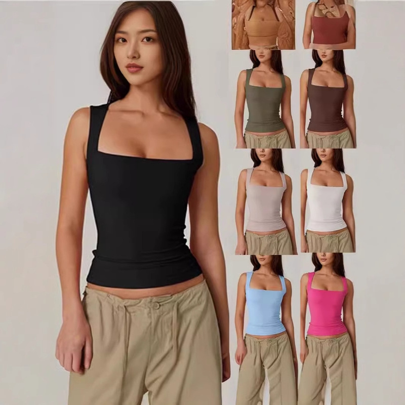 2025 New Amazon Summer New Women's Square Collar Sleeveless Double Layer Vest Basic Tight T-Shirt Black