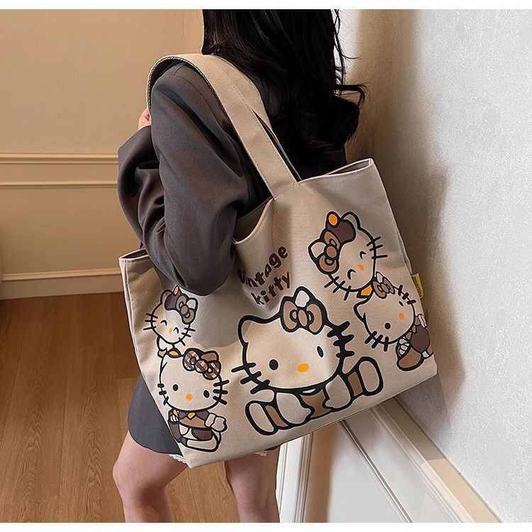 Cartoon canvas single-shoulder bag, women's large-capacity commuter tote bag, Spring/Summer 2025, cute cat tote bag, cross-border undefined