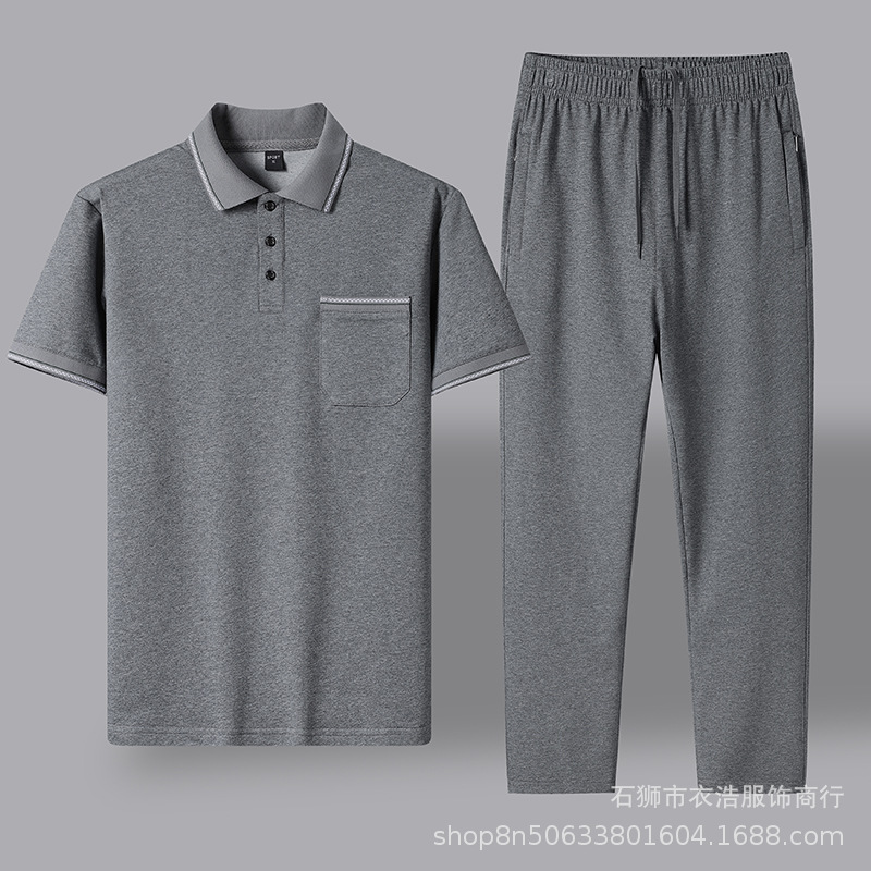 Traje deportivo informal de verano para hombres de mediana edad y mayores, conjunto de dos piezas de algodón para papá, camiseta polo de manga corta y pantalón largo, para el Día del Padre