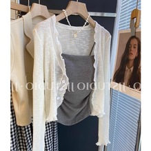 小甜心！韩国东大门气质宽松V领木耳边薄款针织衫防晒小衫空调衫