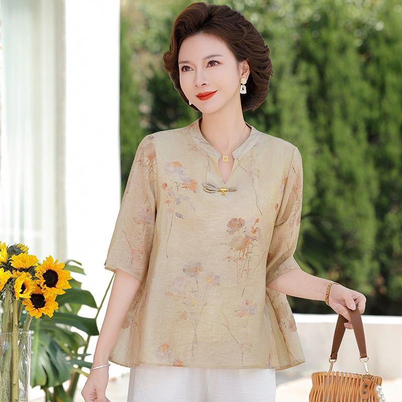 Мама среднего возраста летняя футболка иностранная рубашка 2025 новая мода среднего и пожилого женского темперамента свободная одежда