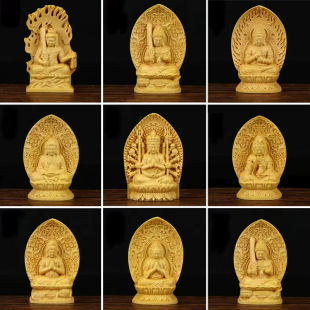Boxwood Carvings Guanyin Bodhisattva Eight Patron Saints Small Buddha Statues Hand Pieces Small Buddhist Niche Crafts Ornaments