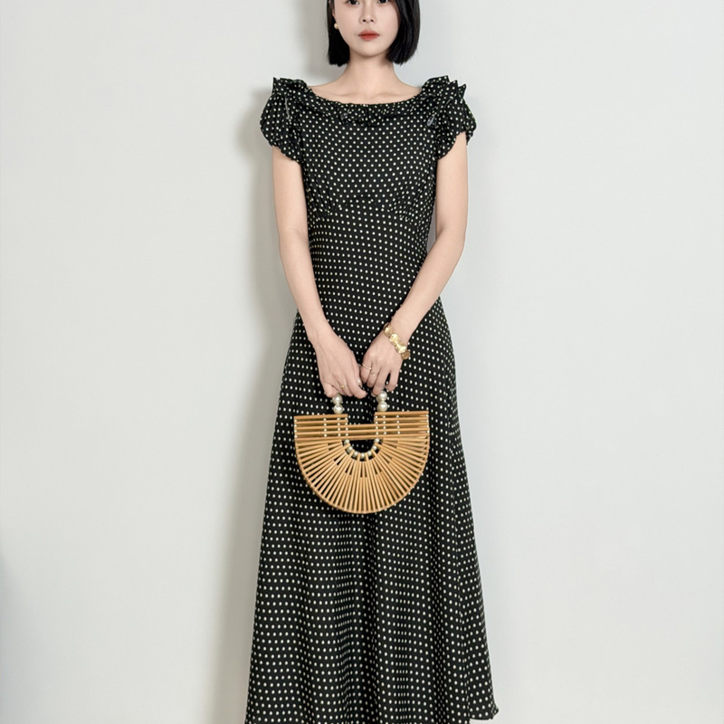 【Evening Breeze】Black Polka Dot Dress with Mulberry Silk Crepe Satin, Ruffled Collar, Puff Sleeves, and Waist-Cinching Tea Break Dress