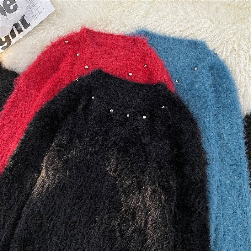 Men's Clothing mink sweater button flower design beaded high weight knitted sweater furry pullover lazy trend men_voghion.com