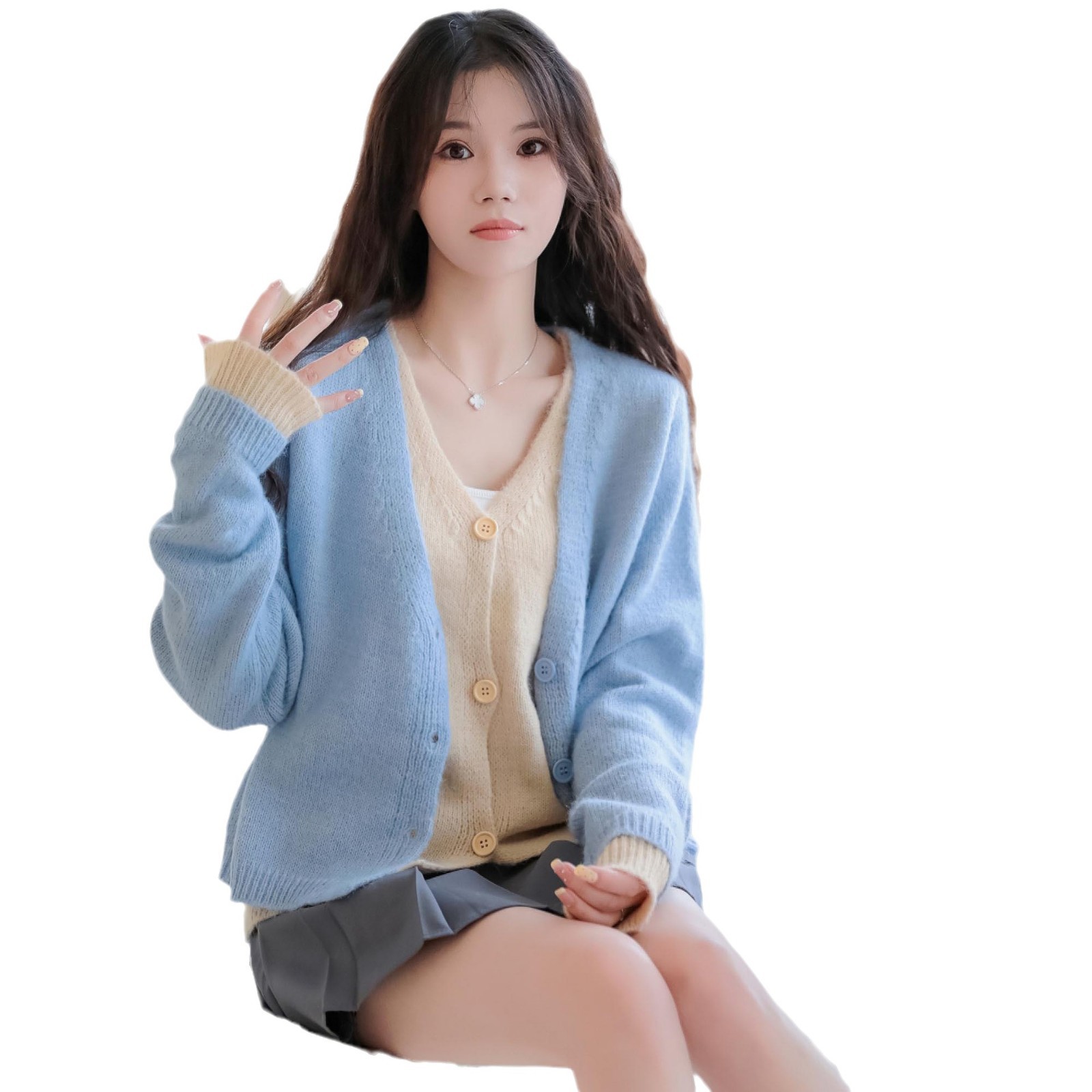 24 diseño de invierno Puyuan color choque empalme falso dos piezas de camiseta de punto de cuello en V para mujeres otoño nuevo