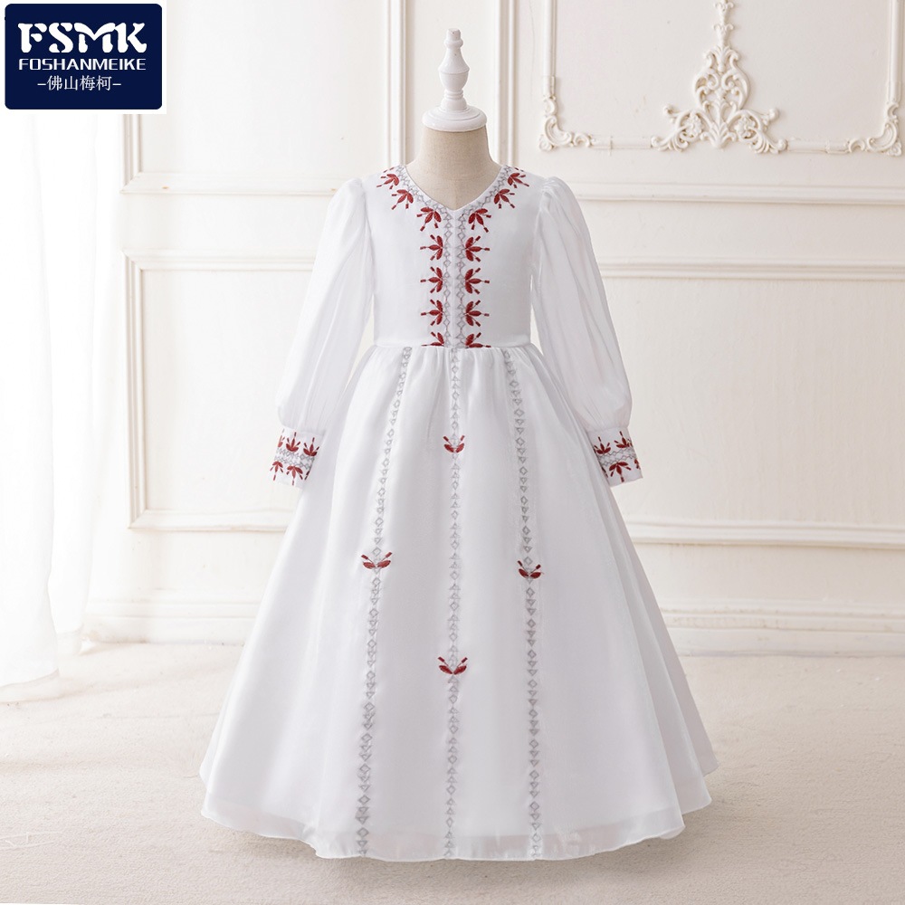 Nuevo vestido infantil europeo y americano vestido de noche vestido de moda de mangas largas y bordado en cascada vestido de niña
