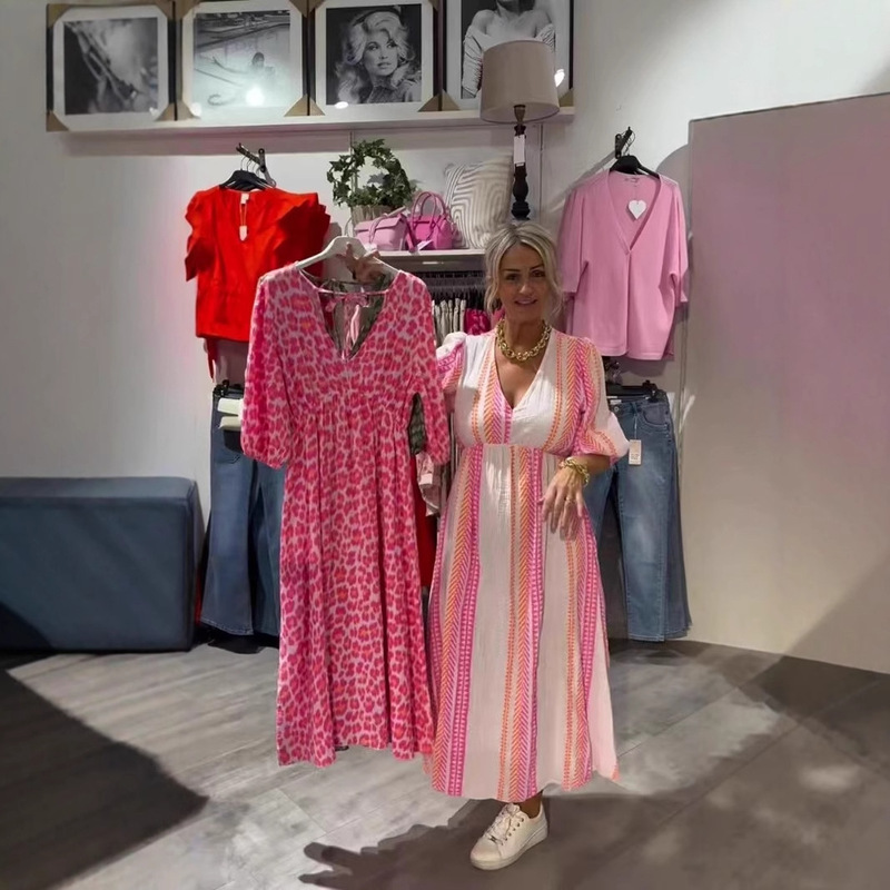 2026 Cross-Border Amazon Independent Site European and American Style Printed V-Neck Plus-Size Dress + Support + Custom Design + Customization