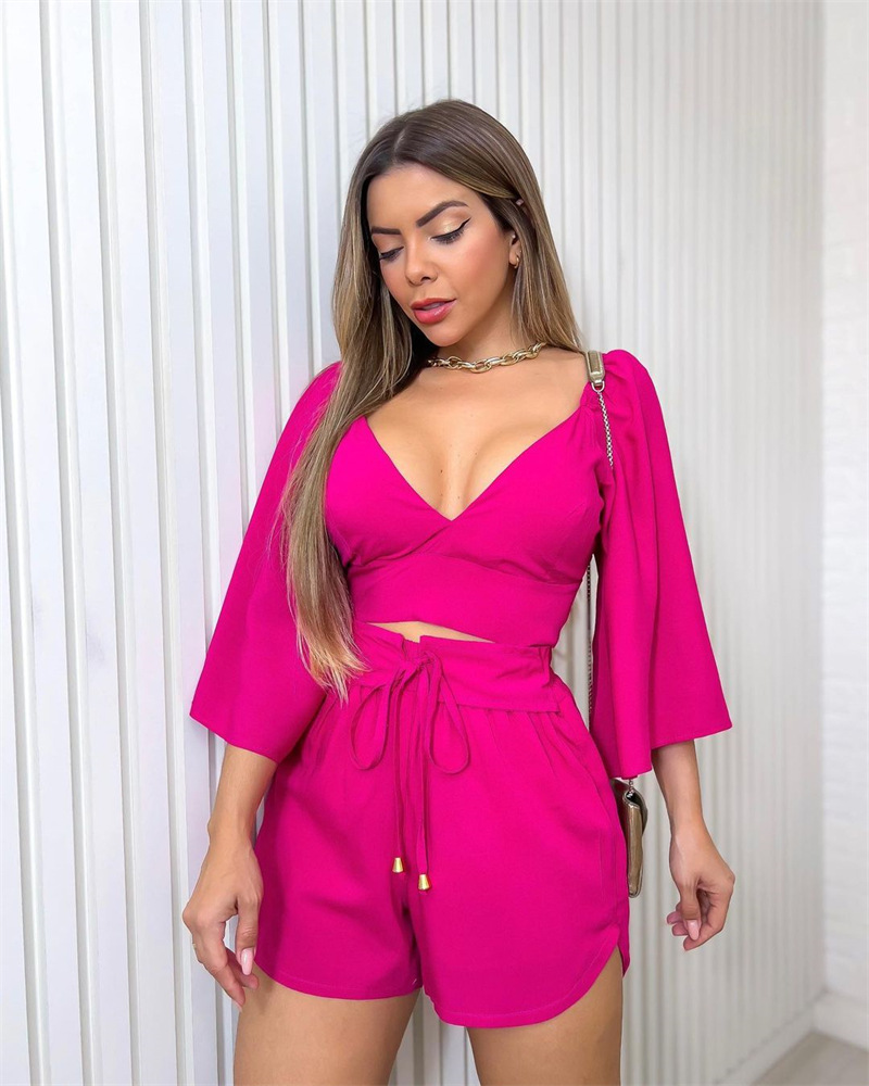 European And American Women's Clothing 2023 Spring New V-neck Backless Bell Sleeve Shirt High Waist Shorts Fashion Casual Set display picture 4