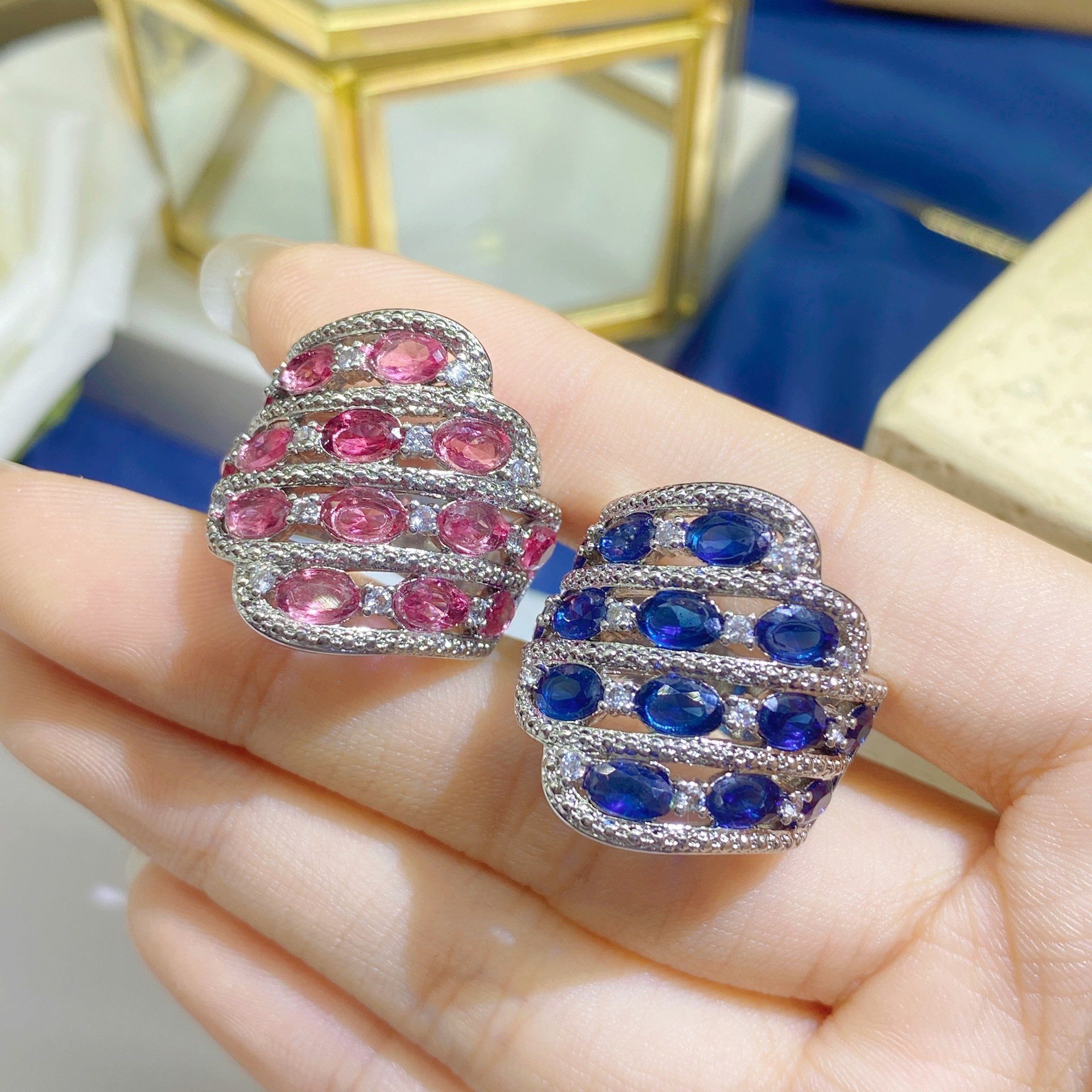 European and American wish best selling new inlaid sapphire micro-inlaid zircon ring European and American rose diamond engagement ring for women