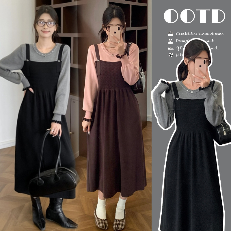 2025 Autumn and Winter Korean Style Fake Two-Piece Knitted Sweater Maternity Dress Bottoming Maternity Sweater Postpartum Nursing Skirt