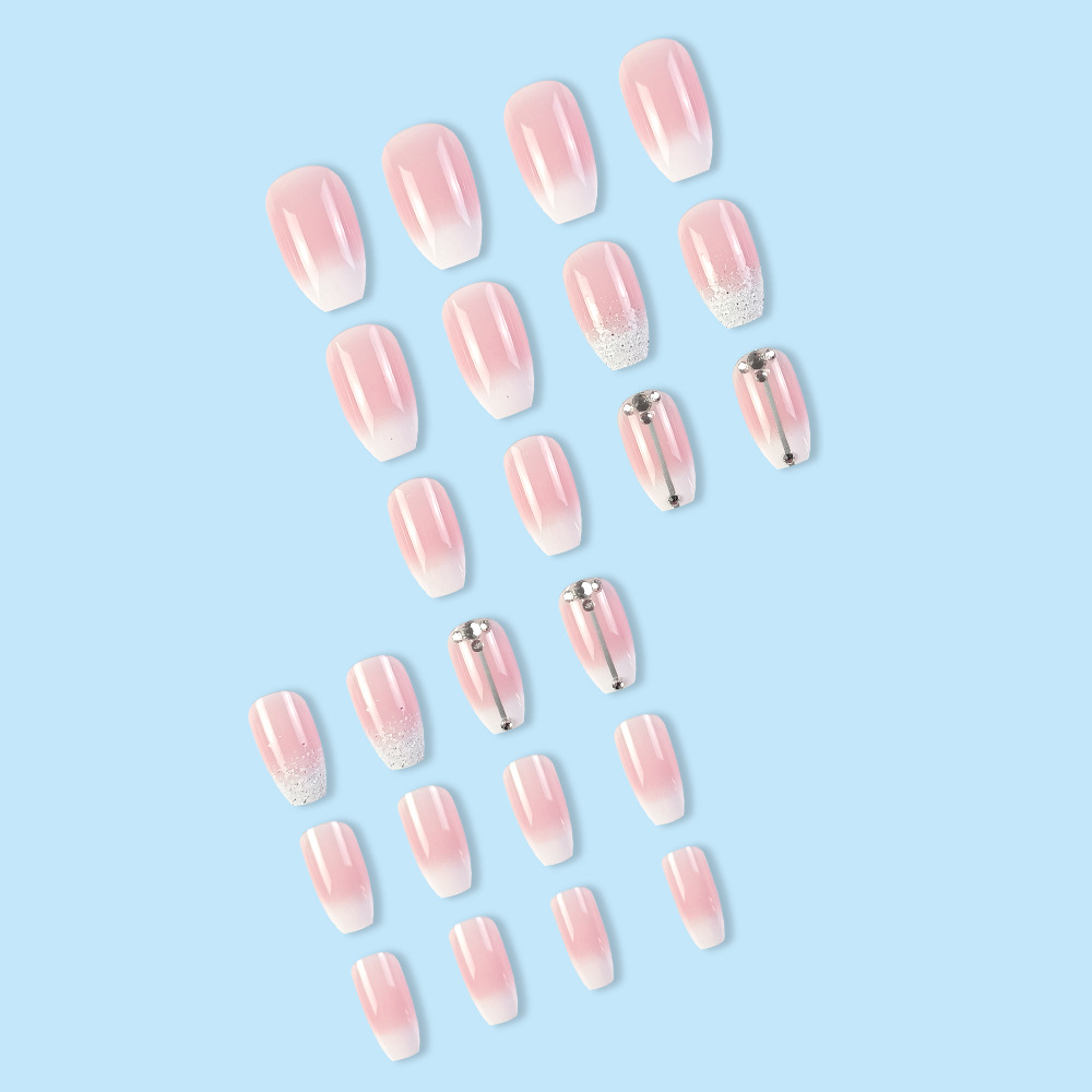 Color rosa blanco color gradiente de plata brillante de diamante de manicura transfronteriza venta caliente suave ligera de lujo desgaste de uñas 24 piezas de parche de uñas falsas image 5