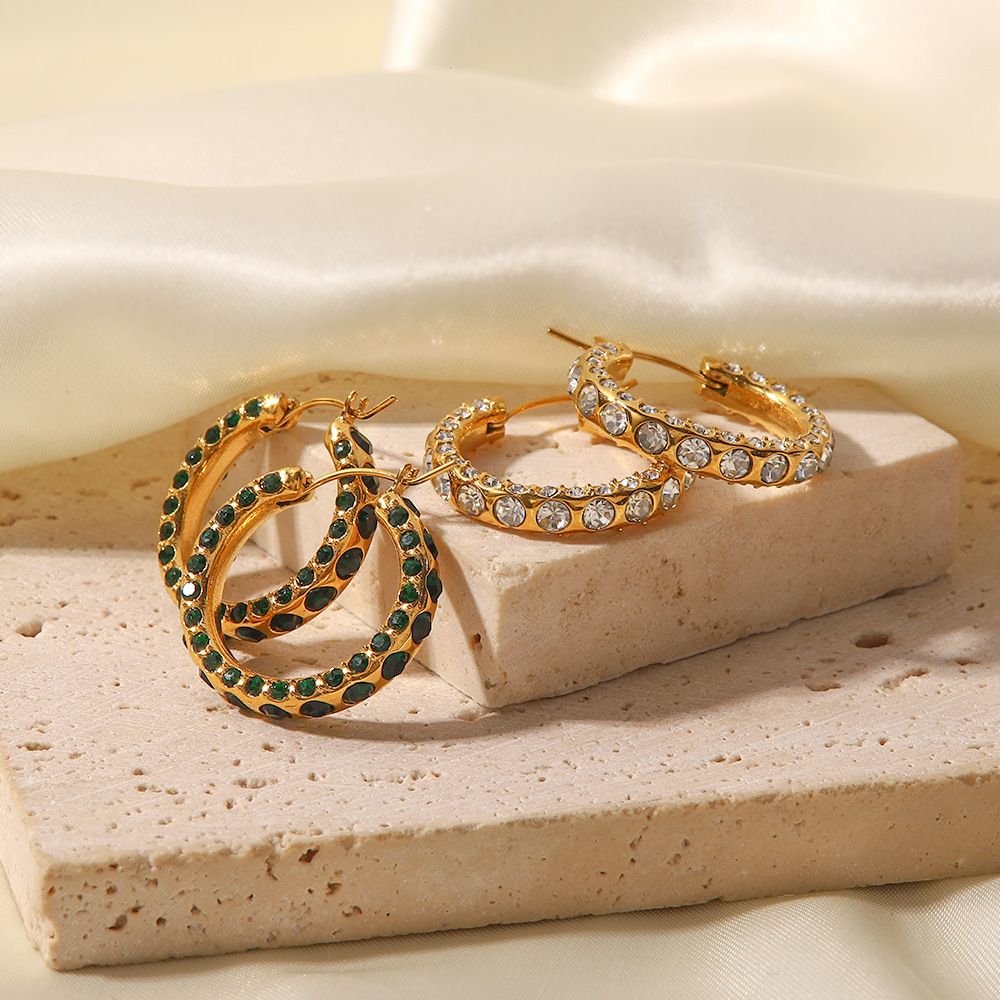 Fashion Geometric Stainless Steel Gold Plated Rhinestones Hoop Earrings 1 Pair