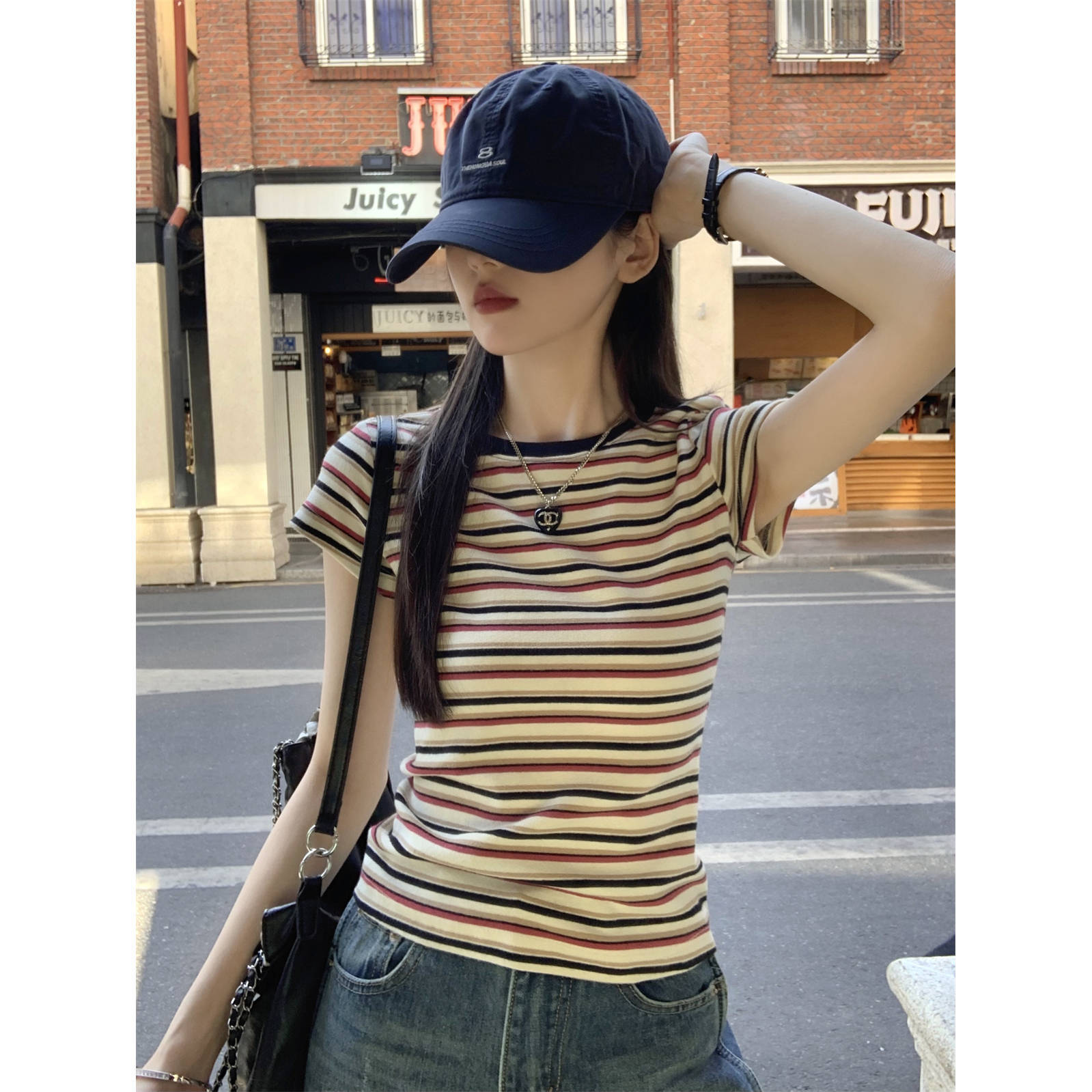 Striped Color-Blocked Straight-Shoulder T-Shirt for Women, Summer 2026 New Slim-Fit Short-Sleeve Hot Girl Style Base Layer Top