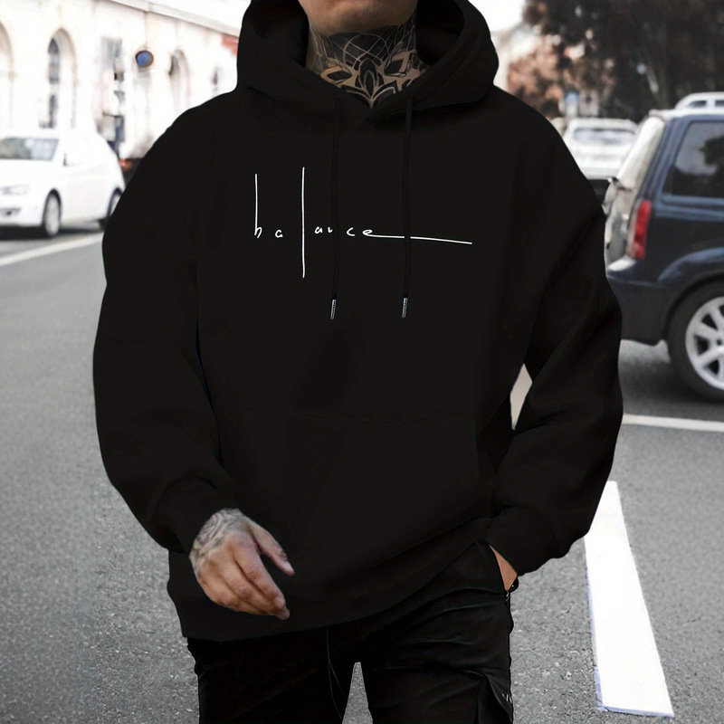 Balance Handwritten English Lettering Men's Hooded Sweatshirt with Simple Artistic Font on the Chest, Loose Fit Pullover Hoodie