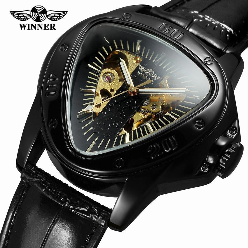 Ganador hombres de negocios reloj mecánico cinturón hueco reloj mecánico automático triángulo caso en forma de reloj