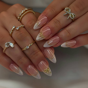 Cross-Border French Gold-Rimmed Bow-Wearing Nails Almond-Shaped Sweet and Cute Whitening Women's Wearable Nails Wholesale