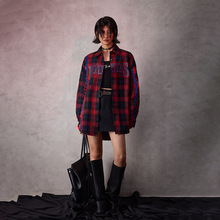 拓谷美式潮牌宽松格子衬衫秋款字母印花针织拼接撞色上衣外套女装